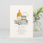 Bonjour Bébé Macarons Milk Floral Blue Baby Shower 招待状 (スタンド正面)