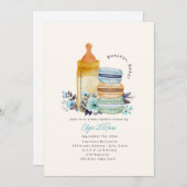 Bonjour Bébé Macarons Milk Floral Blue Baby Shower 招待状 (正面/裏面)