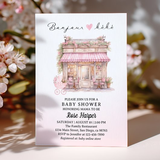 Bonjour Bebe Parisian Baby Shower Pink French Café 招待状