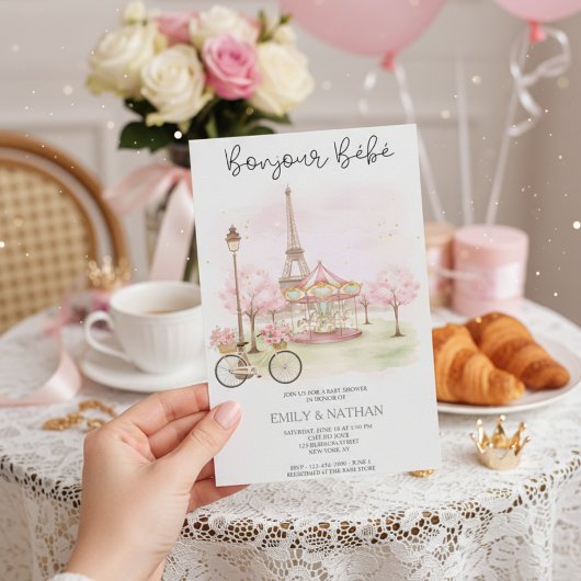 Bonjour Bebe Parisian café pink eiffel tower girls 招待状