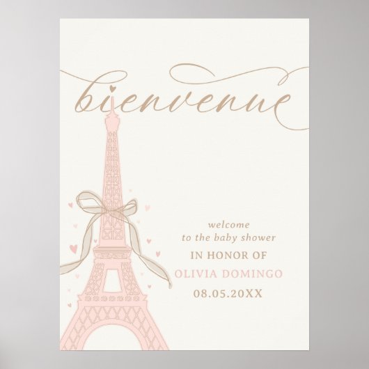 Bonjour Bébé Pink Paris Eiffel Tower Welcome Sign ポスター (正面)