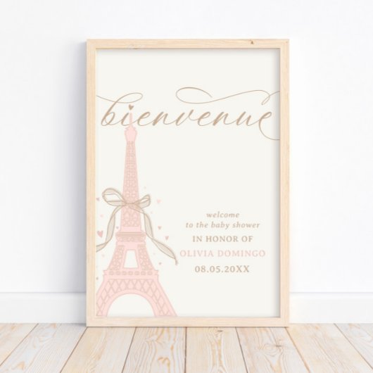 Bonjour Bébé Pink Paris Eiffel Tower Welcome Sign ポスター
