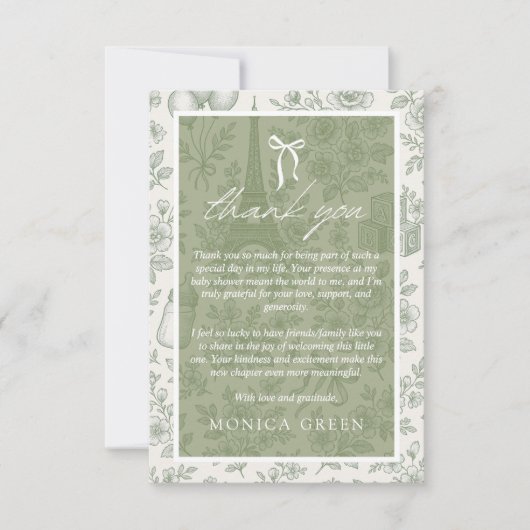 Bonjour Bebe Sage Green Toile French Baby Shower サンキューカード (正面)
