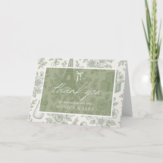 Bonjour Bebe Sage Green Toile French Baby Shower サンキューカード (正面)