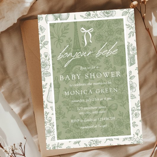 Bonjour Bebe Sage Green Toile French Baby Shower 招待状