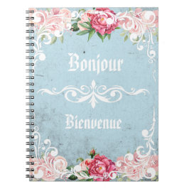 Bonjour Bienvenue Romantic frenchy vintage Roses ノートブック