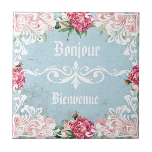Bonjour Custom text trendy french vintage Ephemera タイル (正面)