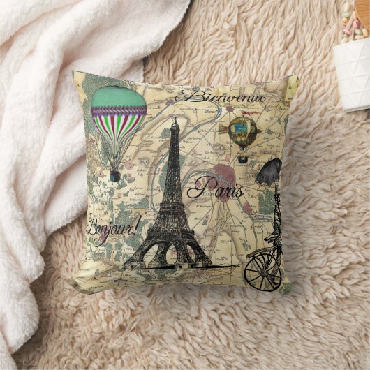 Bonjour Deパリのヴィンテージの地図の装飾的な枕 クッション (ブランケット)