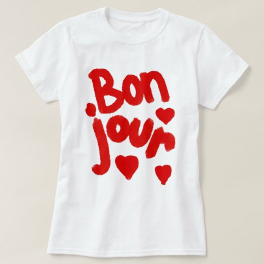 "Bonjour En Coeur" 白Tシャツ Tシャツ (デザイン正面)