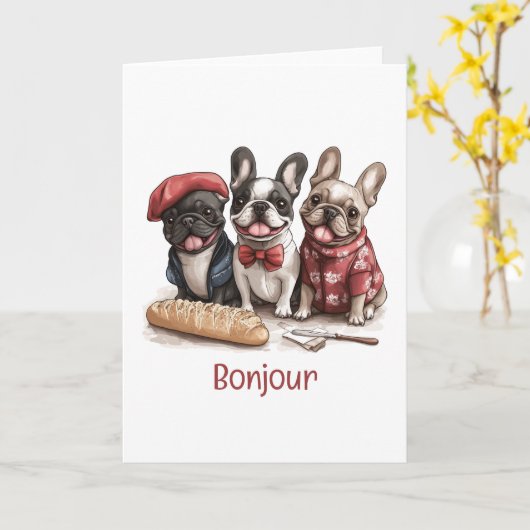 Bonjour French Bulldogs カード (黄色い花)