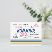 Bonjour Hello多言語ストライプ言語 ポストカード (スタンド正面)