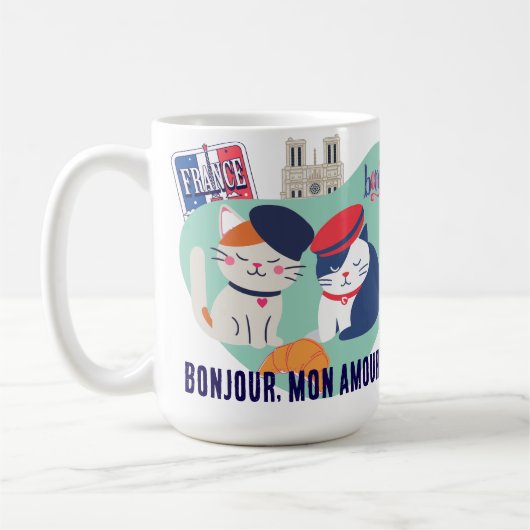 Bonjour Mon Amour | French Culture Cats Gift コーヒーマグカップ (左)
