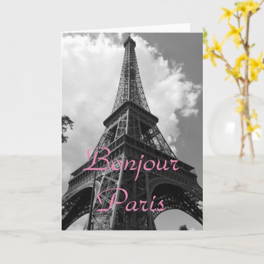 Bonjour Paris Black White Eiffel Tower France カード (黄色い花)