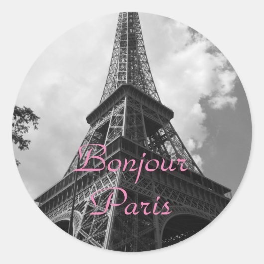 Bonjour Paris Black White Eiffel Tower France ラウンドシール (正面)