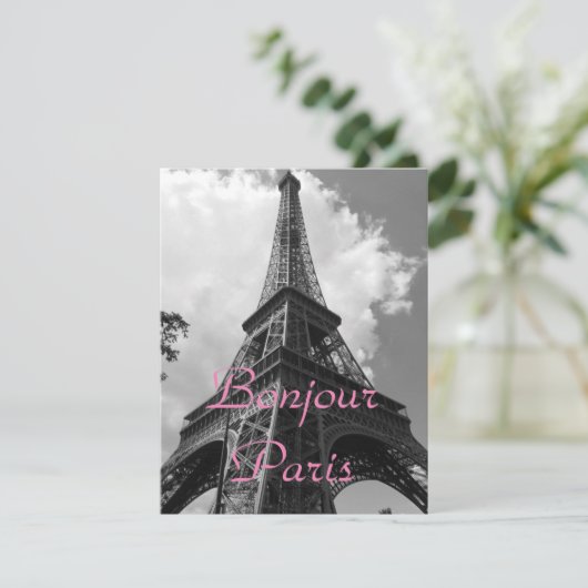 Bonjour Paris Black White Eiffel Tower France Card (スタンド正面)