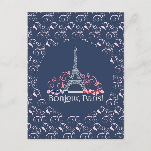 Bonjour Paris Eiffel Tower Floral Pattern ポストカード (正面)