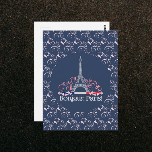 Bonjour Paris Eiffel Tower Floral Pattern ポストカード