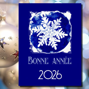 Bonne Annee - 雪の結晶 - 2026 ブルーシルバー 箔シーズンポストカード
