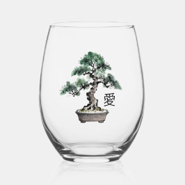 Bonsai Tree Sumi-e Style Japanese Love Calligraphy ステムなしワイングラス