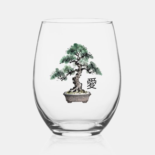 Bonsai Tree Sumi-e Style Japanese Love Calligraphy ステムなしワイングラス (正面)