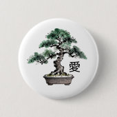 Bonsai Tree Sumi-e Style Japanese Love Calligraphy 缶バッジ (正面)