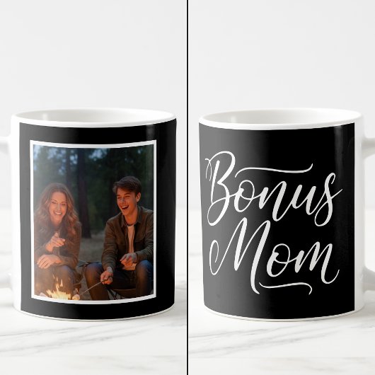Bonus Mom Elegant Cursive 1 Custom Photo Black コーヒーマグカップ