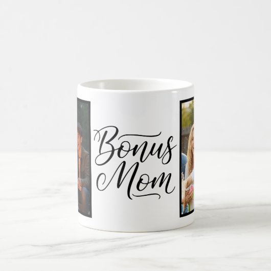 Bonus Mom Elegant Cursive Two Photo コーヒーマグカップ (中央)