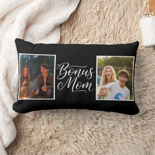 Bonus Mom Pretty Cursive Two Photo Black and White ランバークッション (ブランケット)