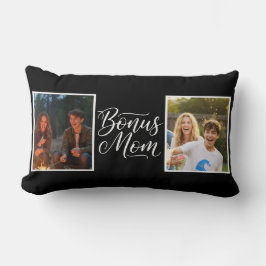 Bonus Mom Pretty Cursive Two Photo Black and White ランバークッション