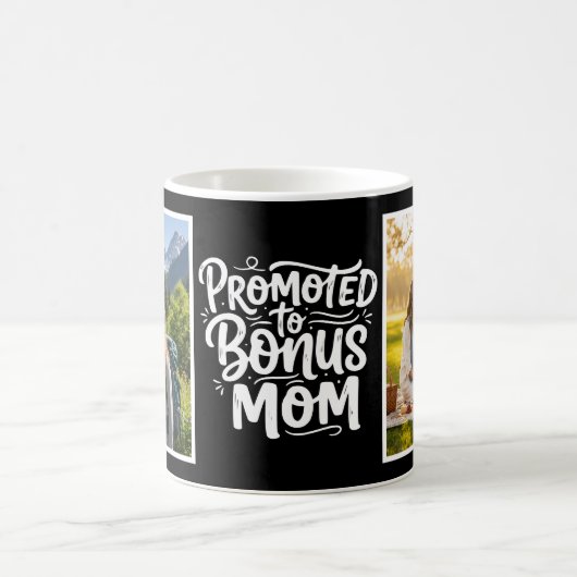 Bonus Mom Promoted Brush Script Two Photo Black コーヒーマグカップ (中央)