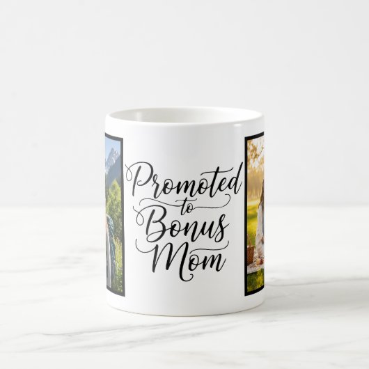 Bonus Mom Promoted Elegant Cursive Two Photo コーヒーマグカップ (中央)