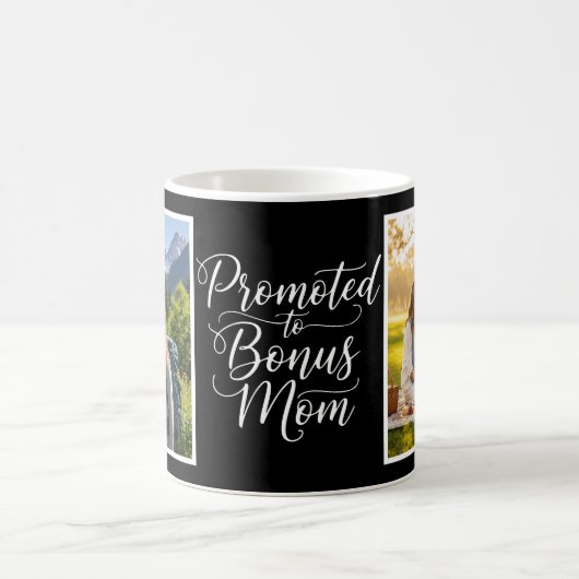 Bonus Mom Promoted Elegant Cursive Two Photo Black コーヒーマグカップ (中央)