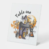 BOOハロウィーンの赤ちゃんシャワーテーブルの看板を覗く 台座サイン (正面)