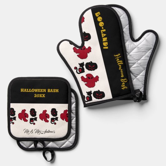 BOOランド幽霊スクリプトハロウィーンBash黒猫 鍋つかみ&鍋敷きセット (正面/裏面)