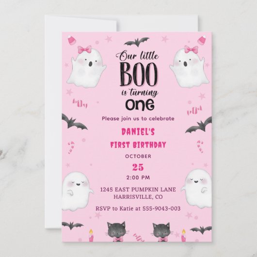 Boo最初の誕生日私たちの小さなBooは1を回している 招待状 (正面)