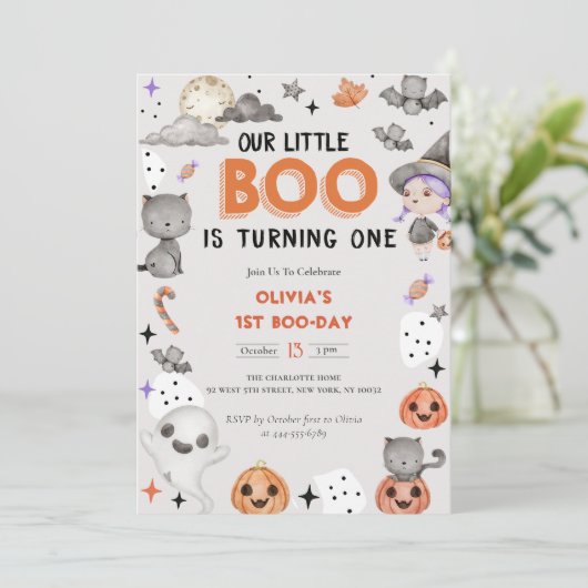 Boo最初の誕生日私たちの小さなBooは1を回している 招待状 (スタンド正面)