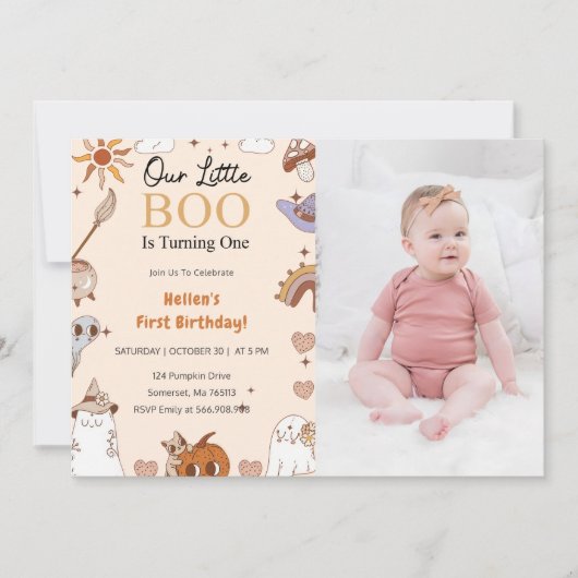 Boo最初の誕生日私たちの小さなBooは1を回している 招待状 (正面)