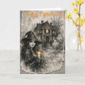 BOO! ハロウィンの魔女とお化け屋敷 カード (黄色い花)