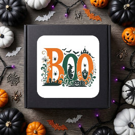 BOO フローラル オーナメント パンプキン ボタニカル オレンジ グリーン スクエアシール