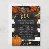 BOO！黒白ストライプのバラとカボチャのハロウィン 招待状 (正面)