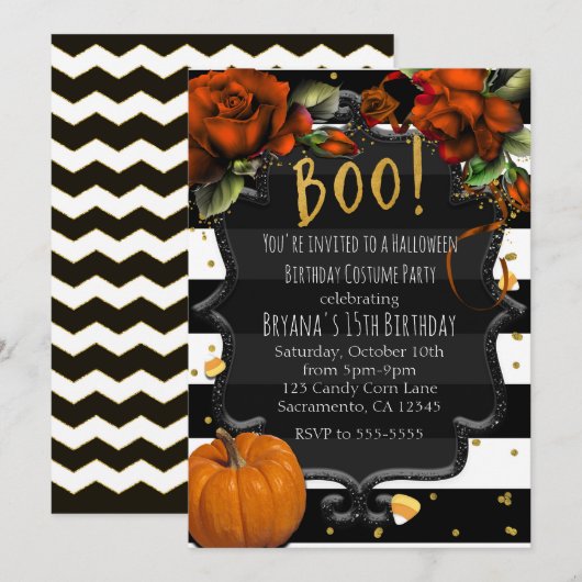 BOO！黒白ストライプのバラとカボチャのハロウィン 招待状 (正面/裏面)
