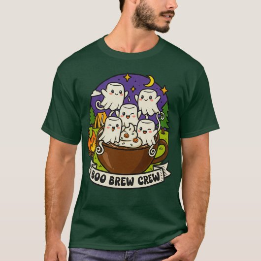 Boo Brew Crew Cute Ghost Coffee Design Tシャツ (正面)