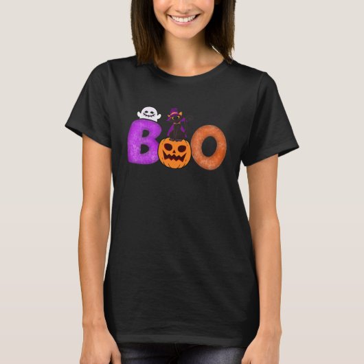 Boo Cat Pumpkin Halloween Ghost Costume Leopard Tシャツ (正面)