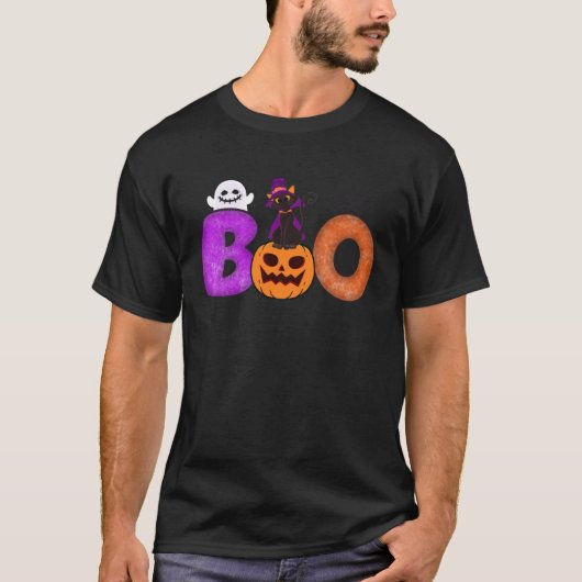 Boo Cat Pumpkin Halloween Ghost Costume Leopard Tシャツ (正面)