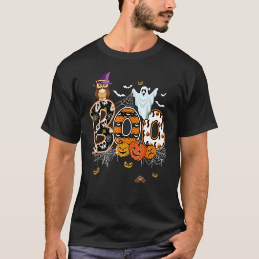 Boo Creepy Owl Pumpkin Ghost  Halloween Costume Tシャツ (正面)
