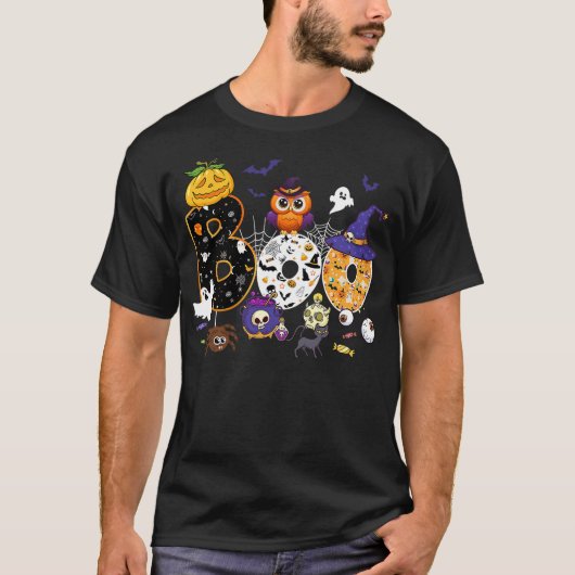 Boo Creepy Owl Pumpkin Ghost Halloween Men Women K Tシャツ (正面)