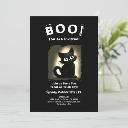 Boo Cute Black Cat Halloween Party Invitation 招待状 (スタンド正面)