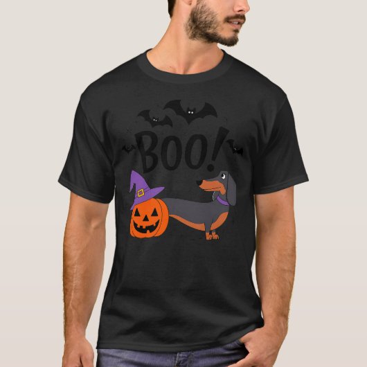Boo! Dachshund Dog Spooky Pumpkin Witch Hat Fun Ha Tシャツ (正面)