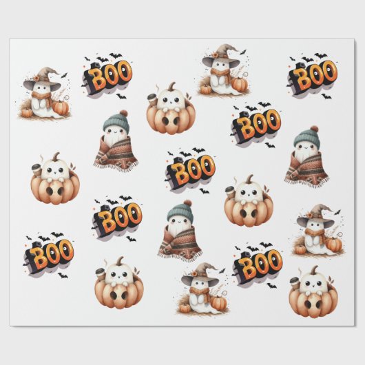 BOO Day Cute Watercolor Ghost Fall Wrapping Paper ラッピングペーパー (フラット)
