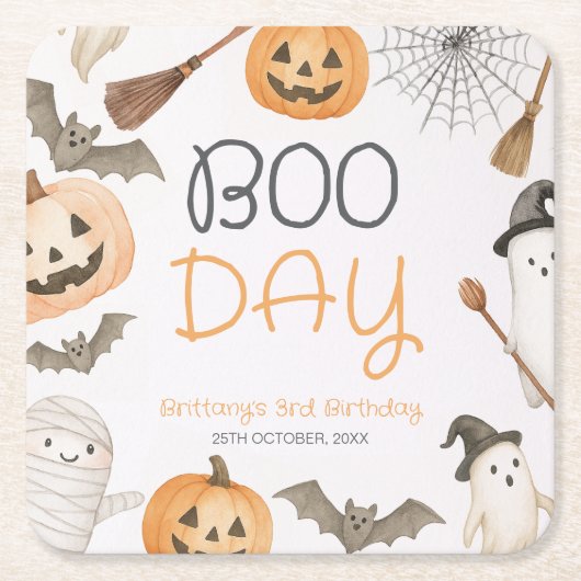 Boo Day Spooky Halloween Birthday スクエアペーパーコースター (正面)